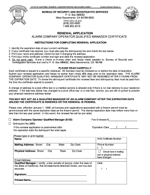 Alarm Company Operator Qualified Manager Certificate Renewal Application