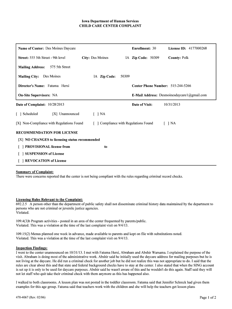 Fillable Online dhs iowa Name of Center Des Moines Daycare Fax Email