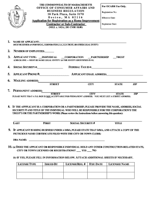 Massachusetts Home Improvement Contractor Registration Application