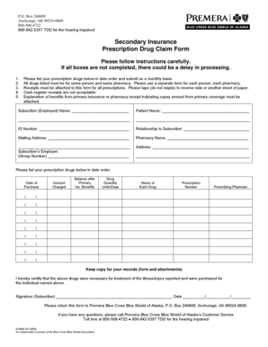 Secondary Insurance Prescription Drug Claim Form