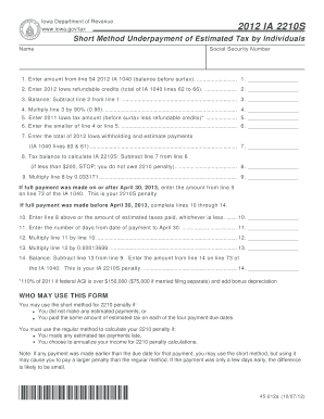 Iowa 2210S Short Method Underpayment Penalty Form