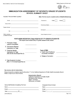 California 7th Grade Immunization Assessment Form