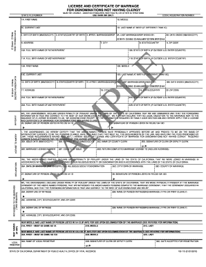 California Marriage License and Certificate for Denominations Not Having Clergy