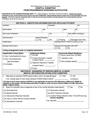 Ohio Hospital Exemption from Preadmission Screening Notification