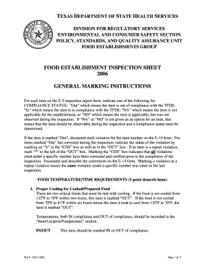 Texas Food Establishment Inspection Sheet