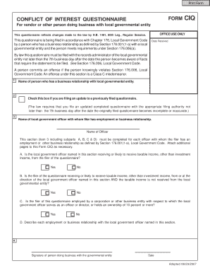 Conflict of Interest Questionnaire Form CIQ