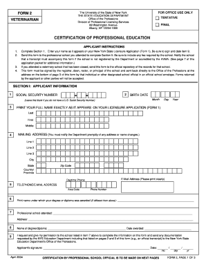 Veterinarian Professional Education Certification Form