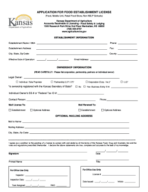 Kansas Food Establishment License Application