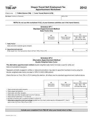 Oregon Transit Self-Employment Tax Apportionment Worksheet
