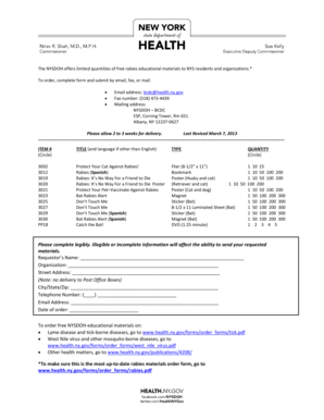 New York Rabies Educational Materials Order Form