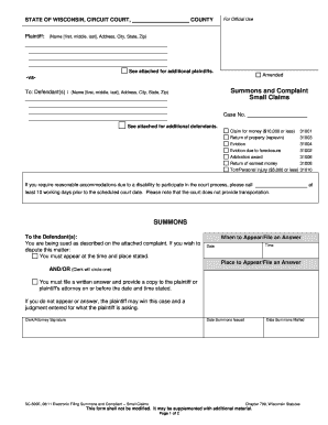 Wisconsin Small Claims Summons and Complaint