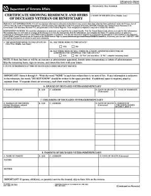 VA Form 29-541 Certificate Showing Residence and Heirs