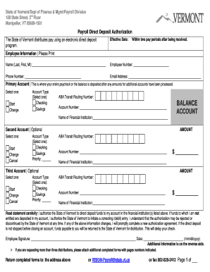 Vermont Payroll Direct Deposit Authorization