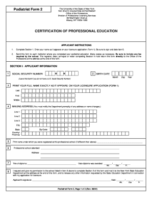Podiatrist Form 2 Certification of Professional Education
