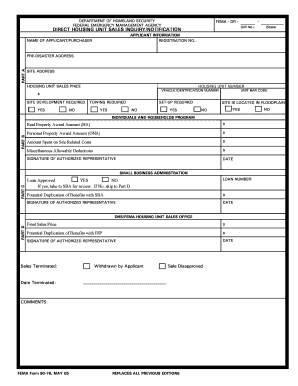 FEMA Direct Housing Unit Sales Inquiry/Notification