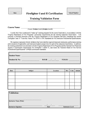Firefighter I and II Certification Training Validation Form