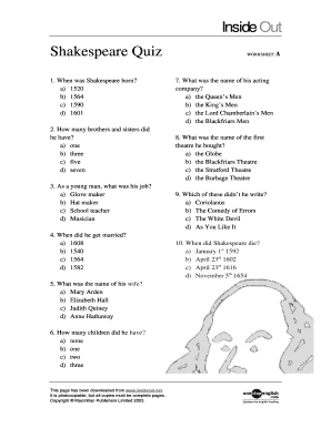 Shakespeare Quiz Worksheet