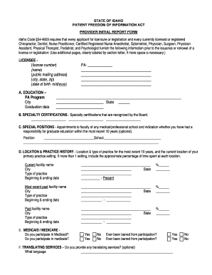 Idaho Patient Freedom of Information Act Provider Initial Report Form
