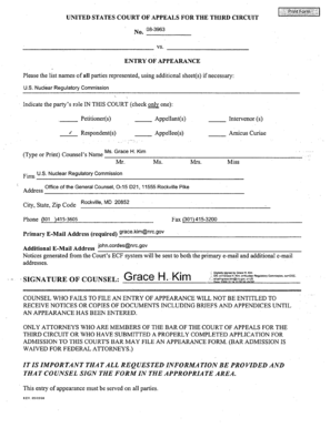 Entry of Appearance for US Court of Appeals
