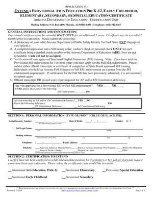 Arizona Provisional Education Certificate Extension Application