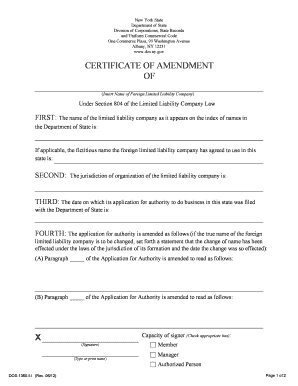 New York Certificate of Amendment for Foreign LLC