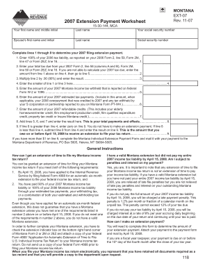 Montana 2007 Extension Payment Worksheet