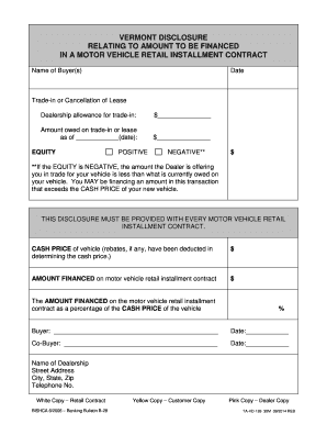 Vermont Motor Vehicle Retail Installment Contract Disclosure