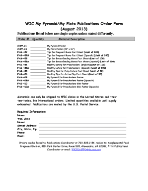 WIC My Pyramid My Plate Publications Order Form