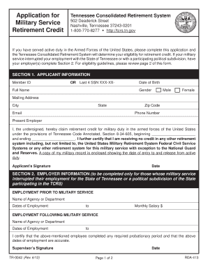 Tennessee Military Service Retirement Credit Application
