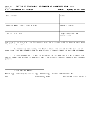 Notice to Commissary Supervisor of Committed Fine