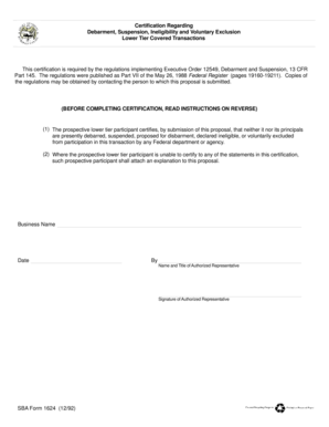 SBA Form 1624 Certification