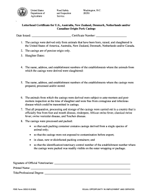 Letterhead Certificate for US Australia New Zealand Denmark Netherlands andor Canadian Origin Pork Casings Export Requirements for Australia - fsis usda