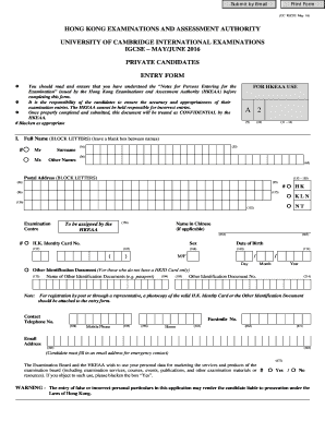 UC IGCSE May 2016 Entry Form