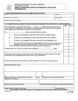 Missouri Medical Examination Report for Child Care Staff