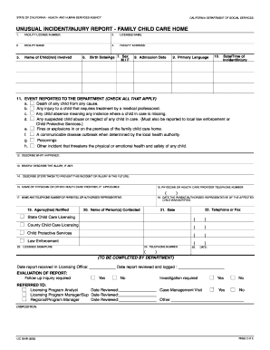 California Unusual Incident/Injury Report - Family Child Care Home