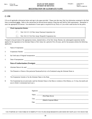 New Jersey Alternate Name Registration Form C-150