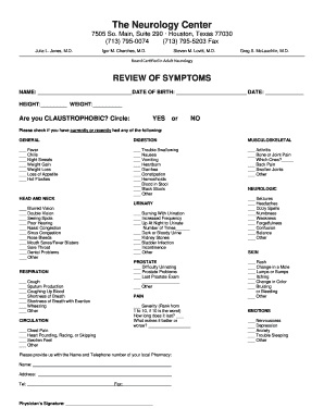 Neurology Center Review of Symptoms Form