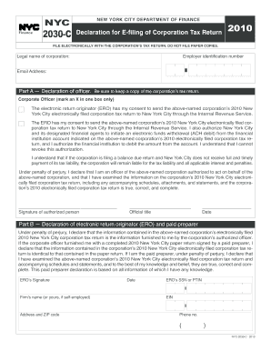 NYC 2030-C Corporation Tax Return Declaration