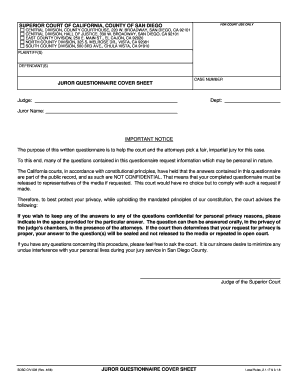 Juror Questionnaire Cover Sheet