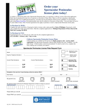Michigan Spectacular Peninsulas License Plate Request Form