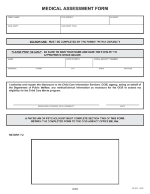 Medical Assessment Form for Child Care Works Program