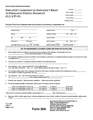 North Carolina Employer's Admission of Employee's Right to Permanent Partial Disability