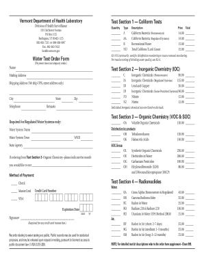 Vermont Water Test Order Form