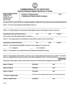 Kentucky Professional Limited Liability Company Articles of Organization