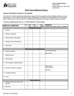 Washington Birth Parent Medical History Form
