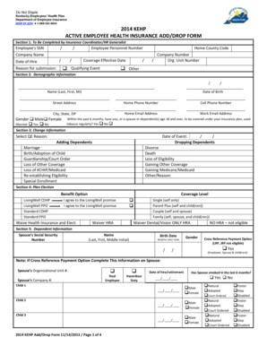 Kentucky Employee Health Insurance Add/Drop Form