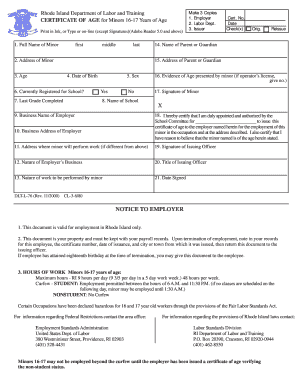 Rhode Island Certificate of Age for Minors 16-17