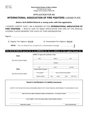 North Carolina IAF Firefighter License Plate Application