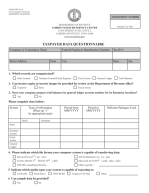 Kentucky Taxpayer Data Questionnaire