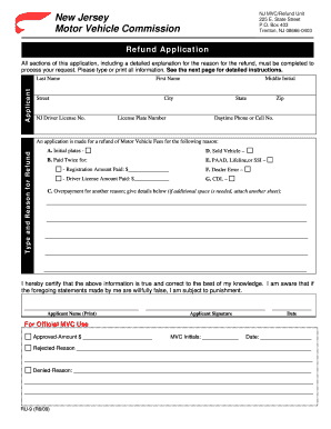 New Jersey Motor Vehicle Refund Application